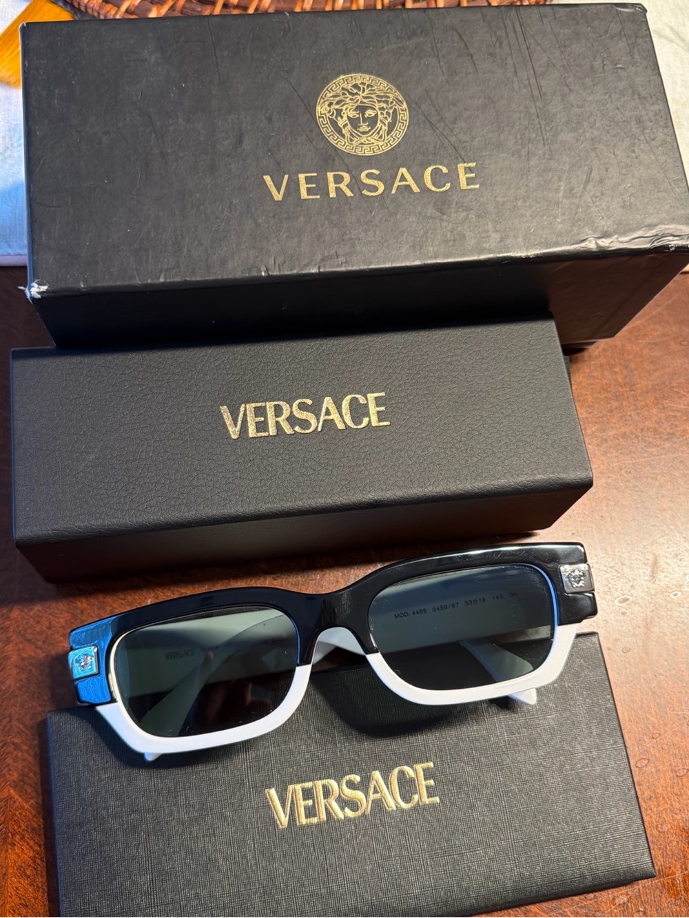 Versace Black & White Rectangular Sunglasses with Gold Accents